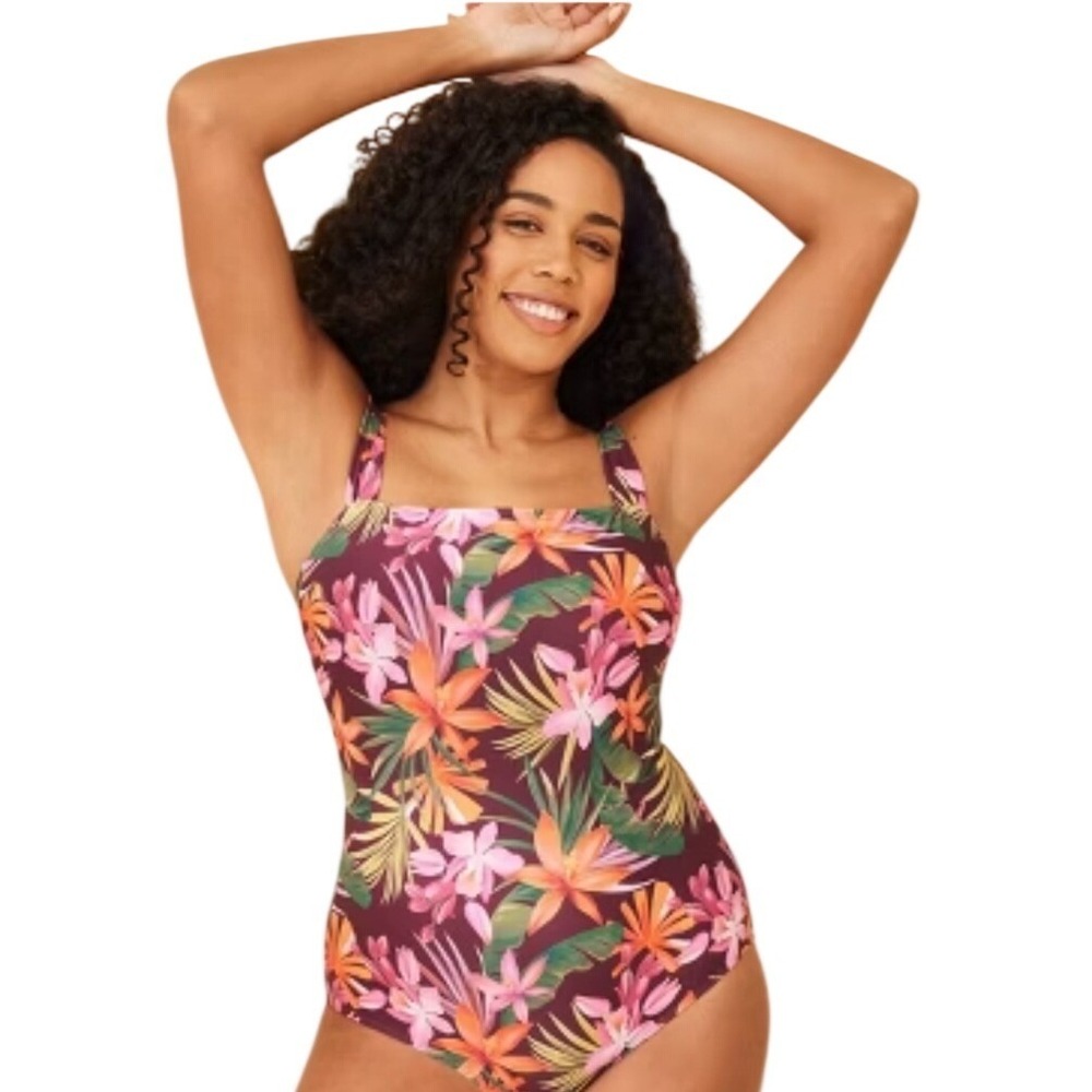 Shade & Shore Floral Square Neck One Piece Swimsuit Maroon Tropical Size Large